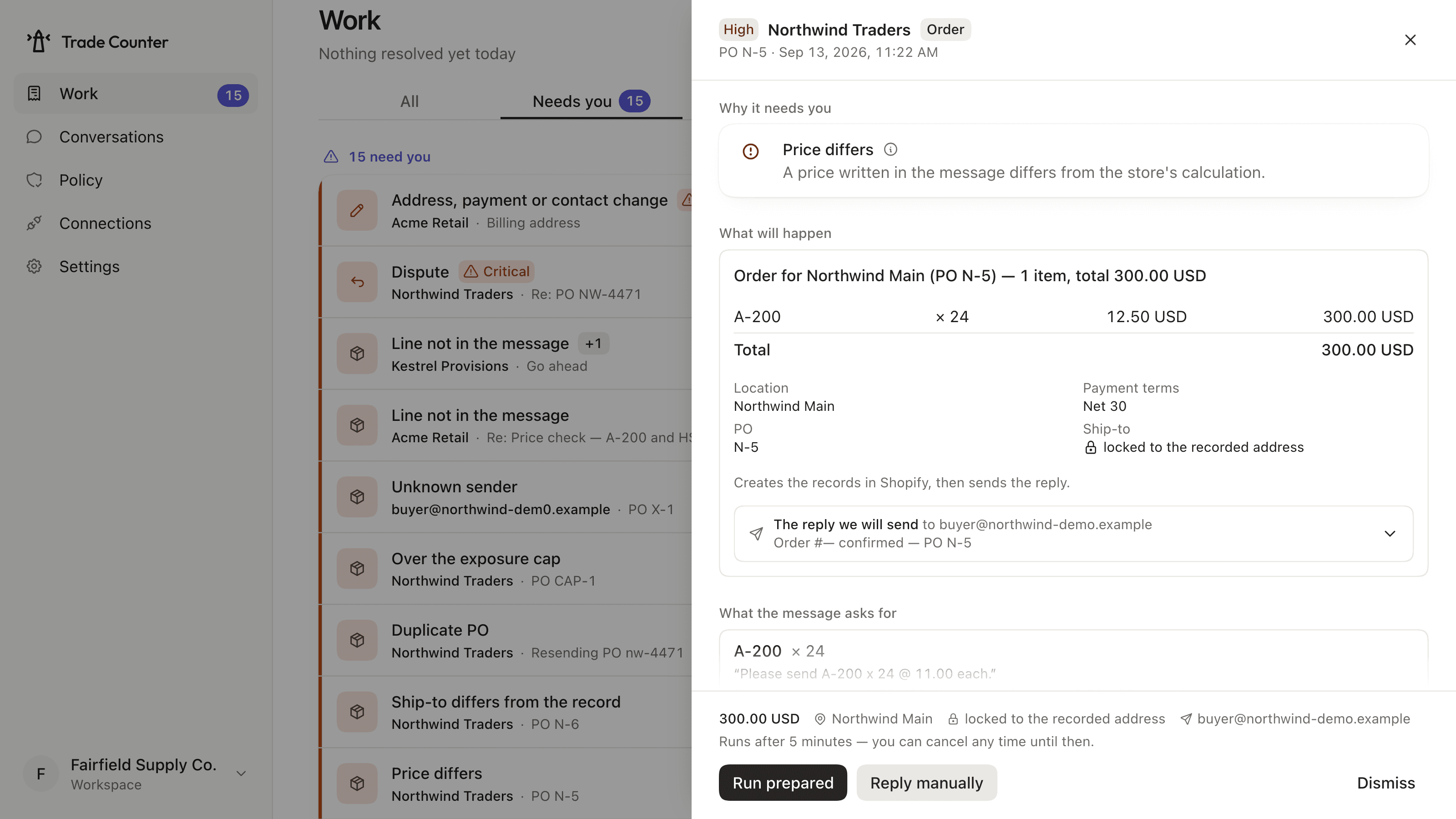 An exception opened on the Work screen: its reason, the lines it read with the words they came from, the facts it resolved, and the plan it had prepared.