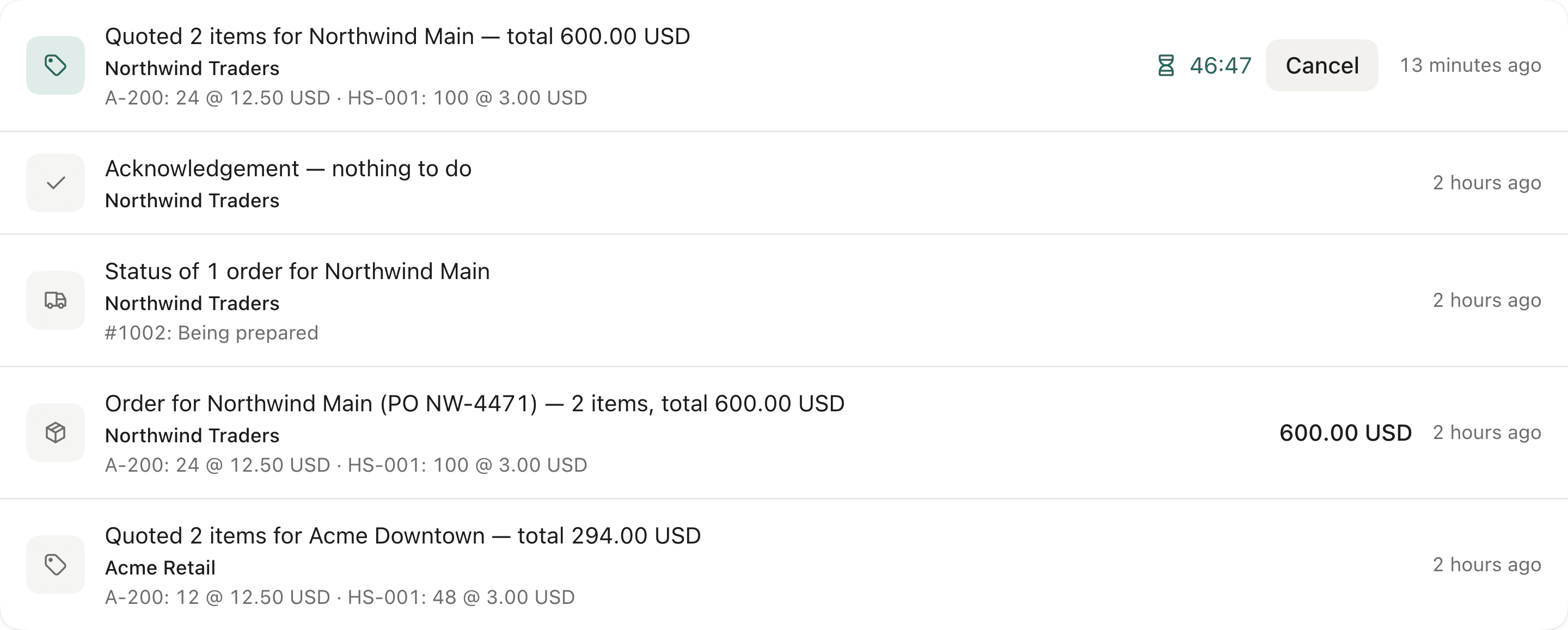 The Work ledger: a quote for two items totalling 600.00 USD with 48:21 left on its cancel window and a Cancel button beside it, then an acknowledgement that needed nothing done, an order status answered, an order created against a purchase order, and a second quote.